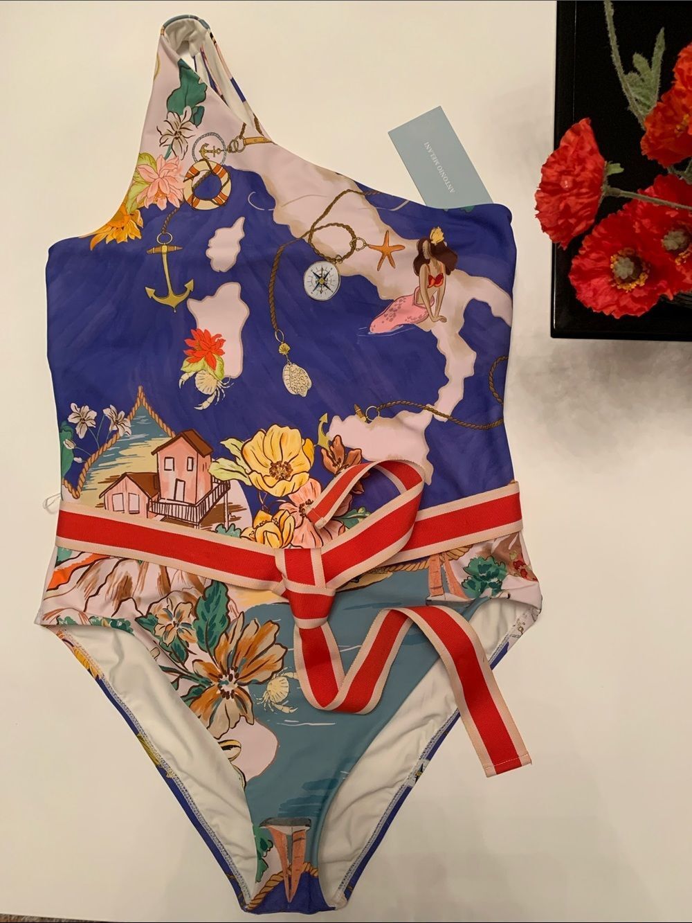 NWT Antonio Melani One-Shoulder Nautical Print Red Stripe Belt Swimsuit Size L